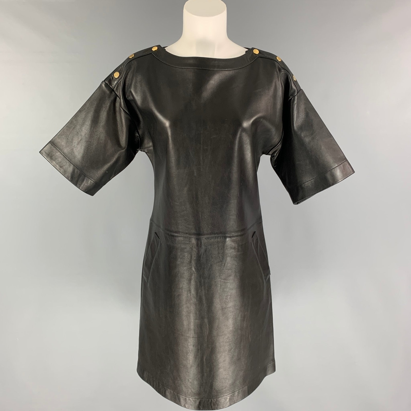 Michael Kors Size 4 Black Leather Short Sleeve Below Knee Dress